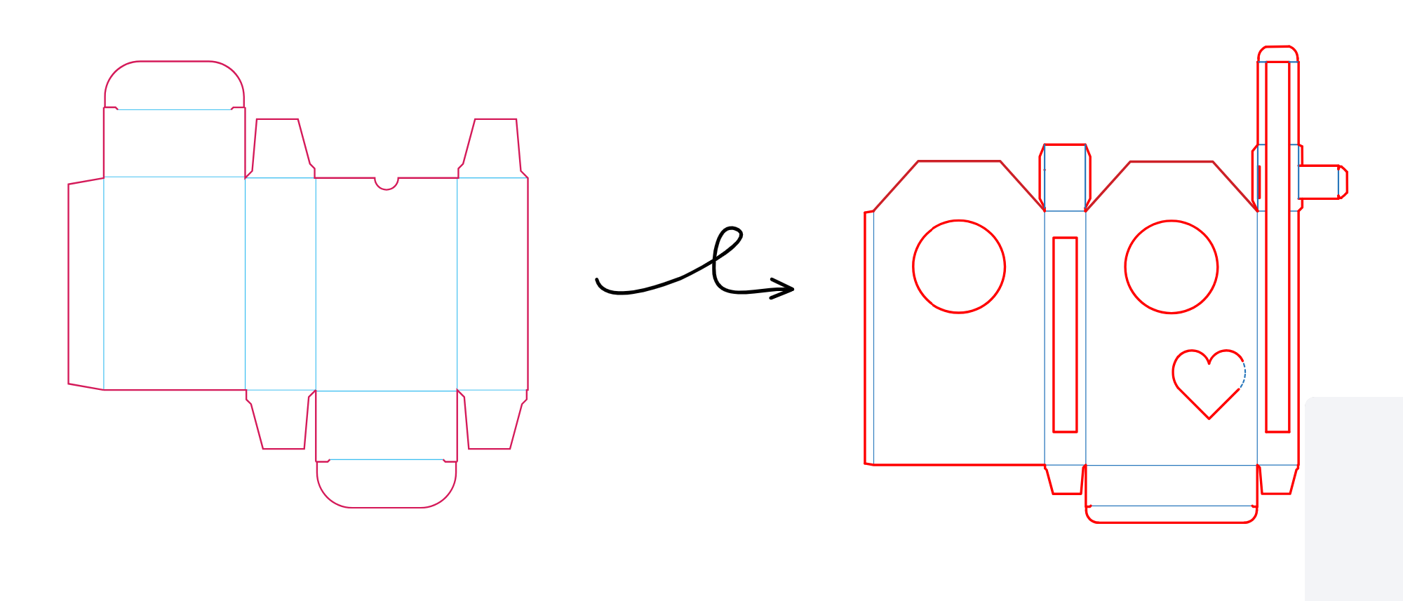 HIT dieline, reference packaging structure on the left adapted into the HIT tag form on the right with circular cutout and heart opening