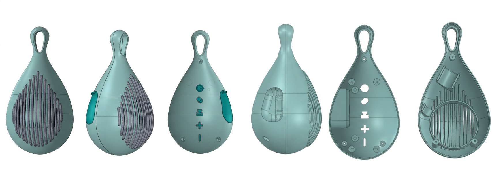 Dropi CAD process sheet, six views of the droplet body showing grille, hatch, controls, ports and internal ribbing