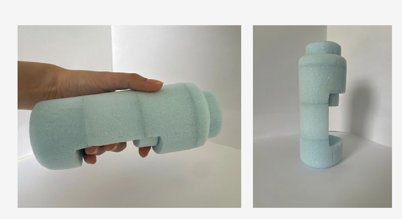 Blue foam Quill development model used to test ergonomics scale and grip