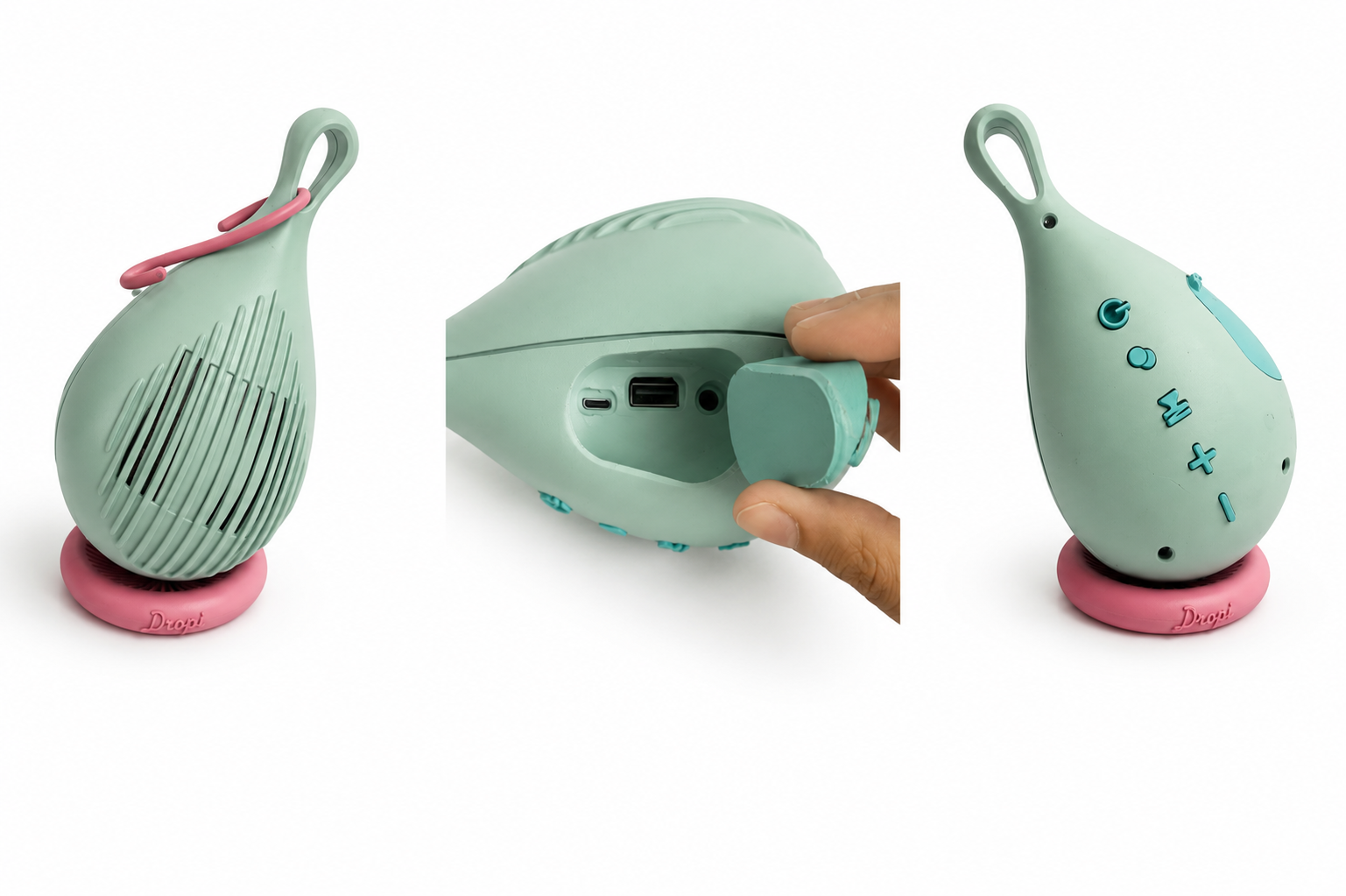 Dropi final printed prototype in mint green resin with pink TPU base, showing ribbed grille, port hatch and button cluster