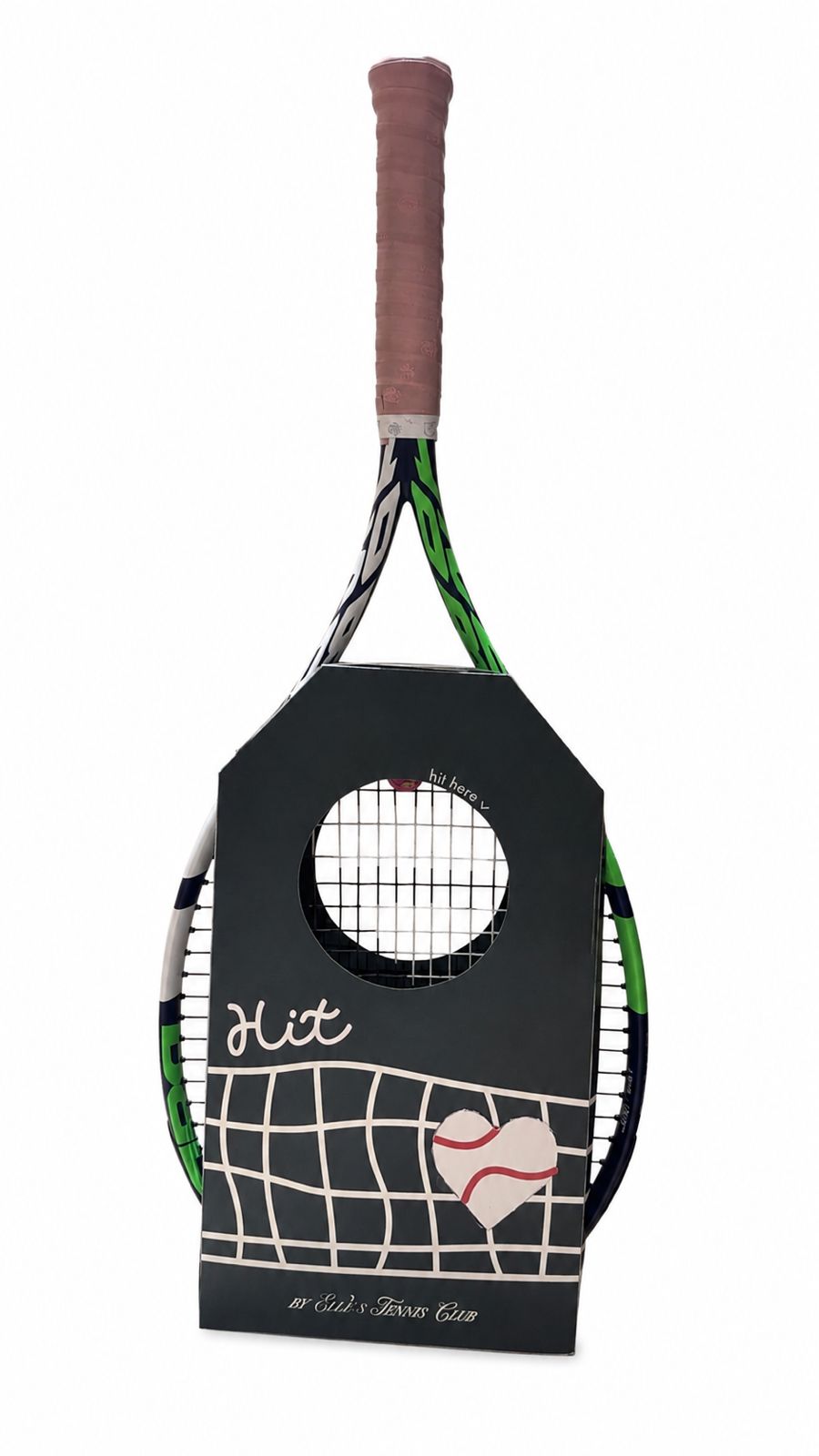 HIT final prototype, made with thick paper and intended to be produced in medium-density cardboard, holding a real tennis racket