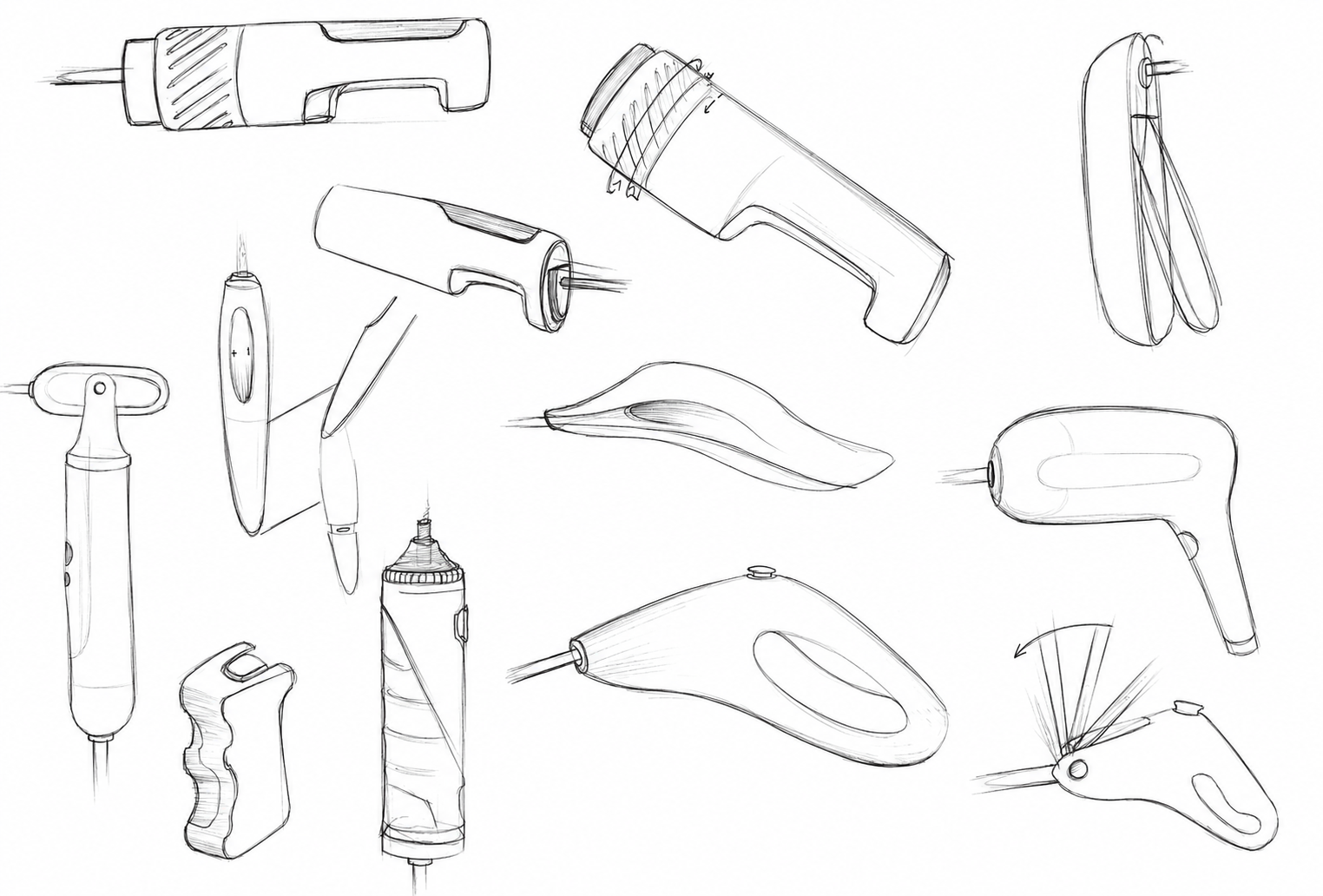 Quill ideation sketches exploring compact drill screwdriver forms and grip proportions