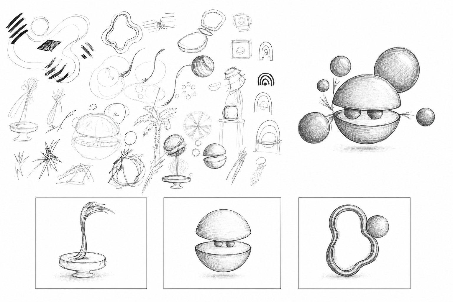Pencil ideation sketches exploring split sphere clock concepts and three refined directions