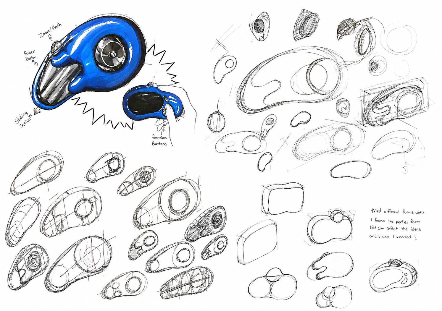 MIRAA ideation sketches, rendered key view with annotated controls alongside pages of pebble and helmet-inspired form explorations