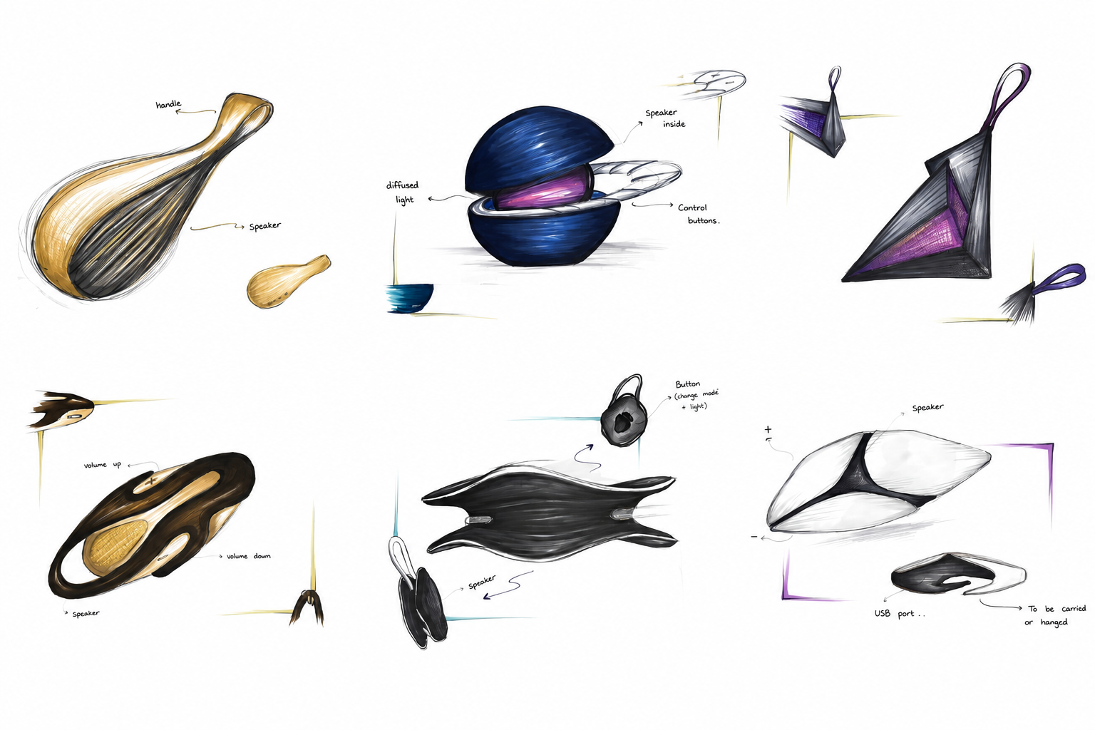 Dropi ideation sketches, six directions exploring droplet, clamshell and faceted speaker forms with handles, controls and hanging loops