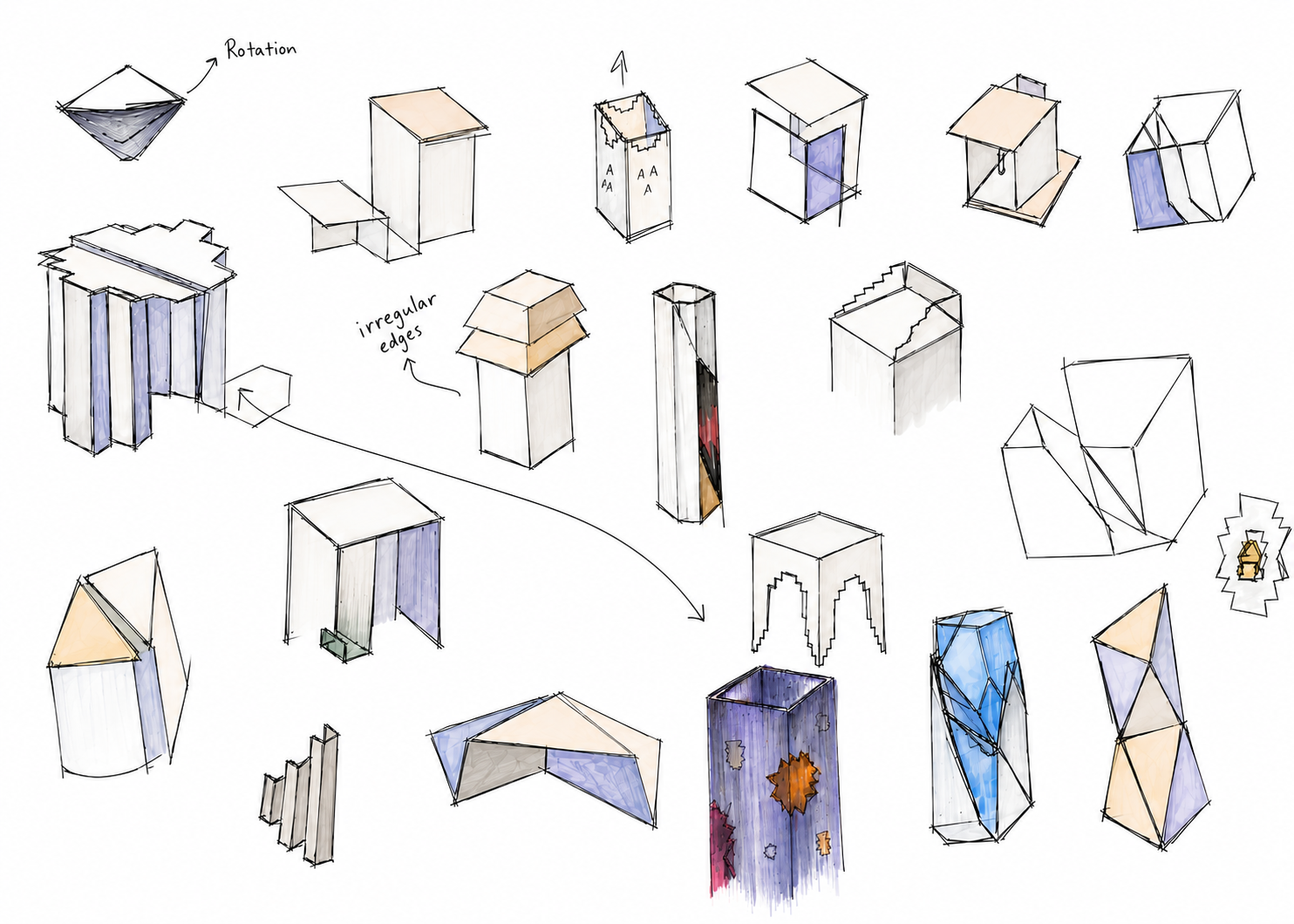 Naqsh ideation sketches, exploring stepped silhouettes and color accents