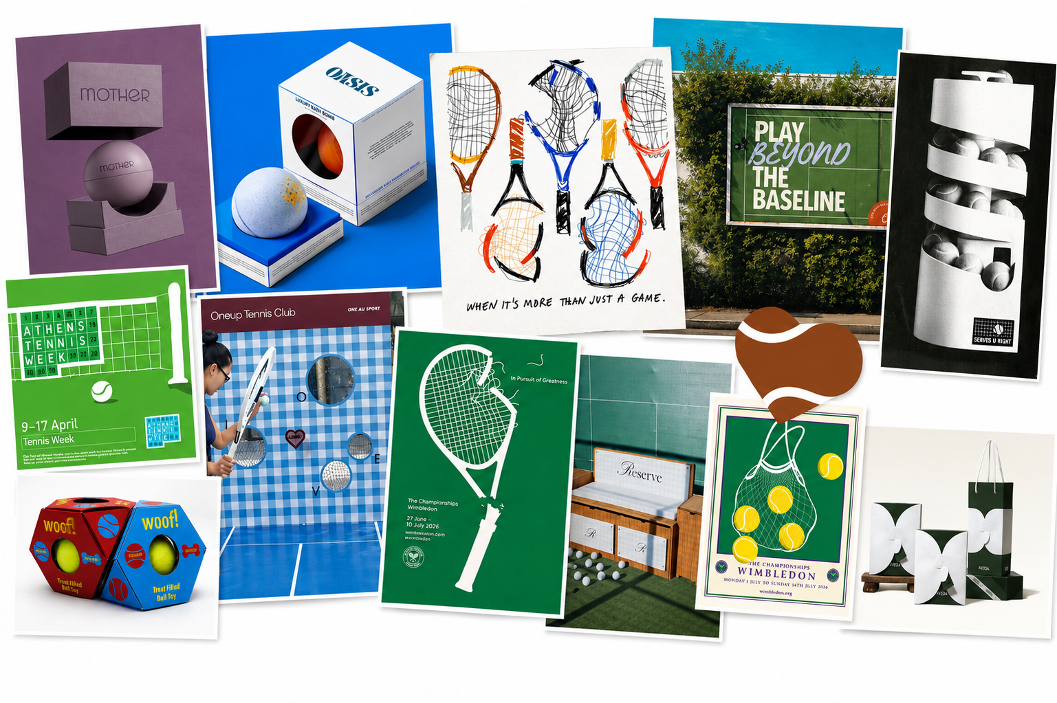 HIT inspiration moodboard, tennis packaging, posters, courts, ball tubes and heart-shaped graphics