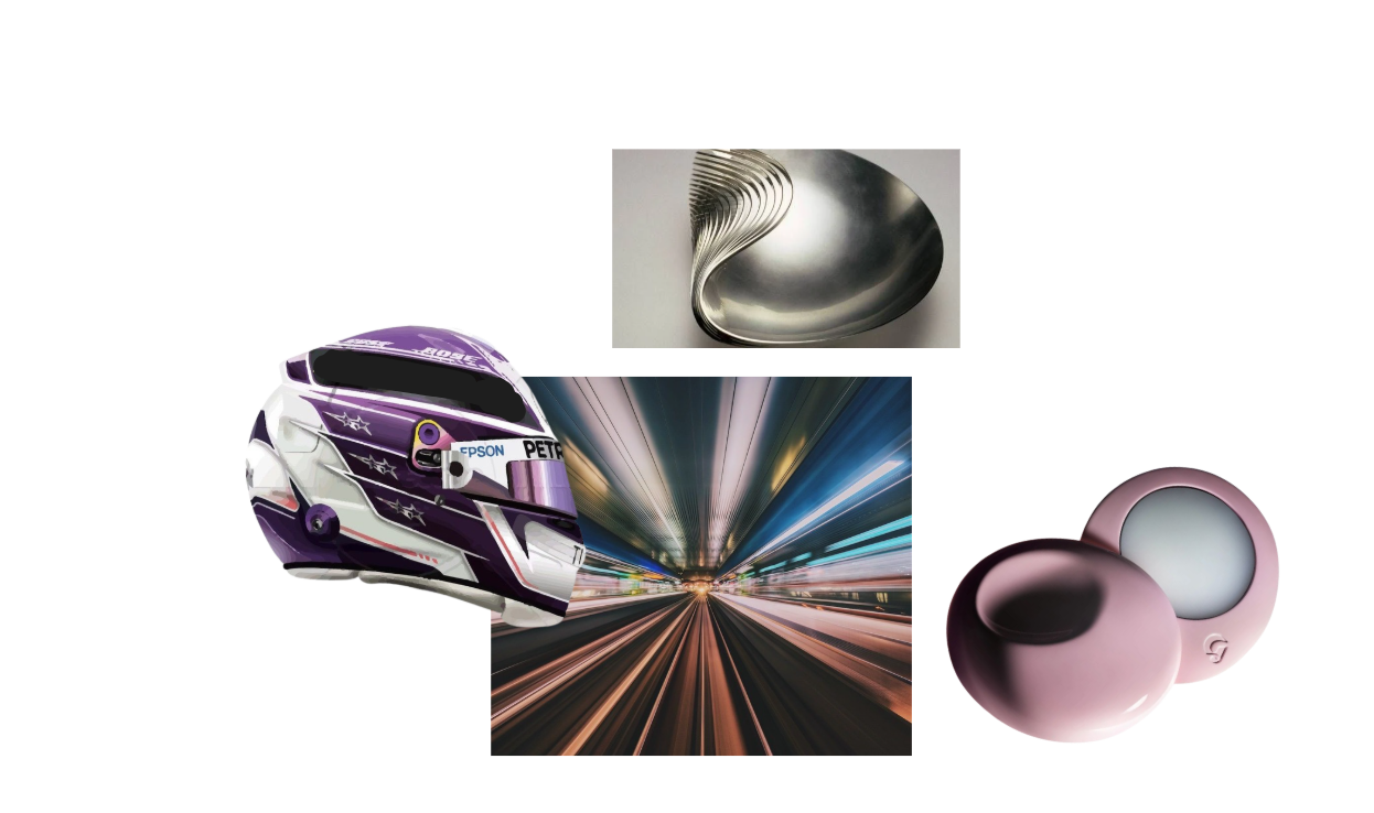 MIRAA inspiration moodboard, F1 helmet, sculpted metal form, motion-blur tunnel and pebble-shaped product reference