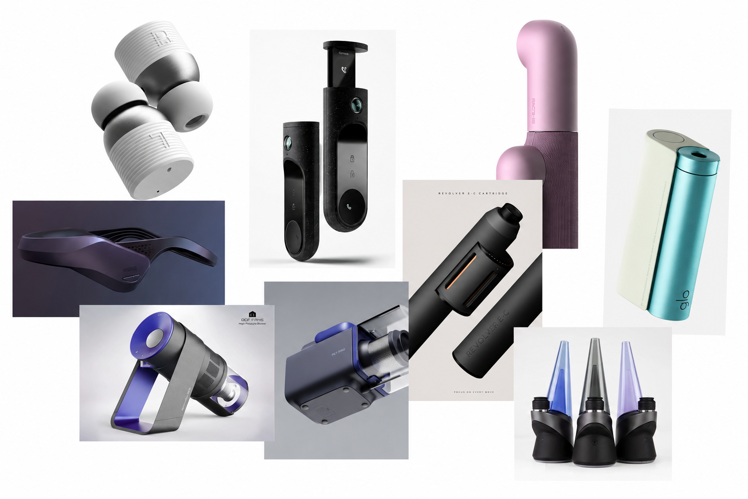 Quill form inspiration moodboard, soft pocketable objects with rounded volumes and tactile material breaks