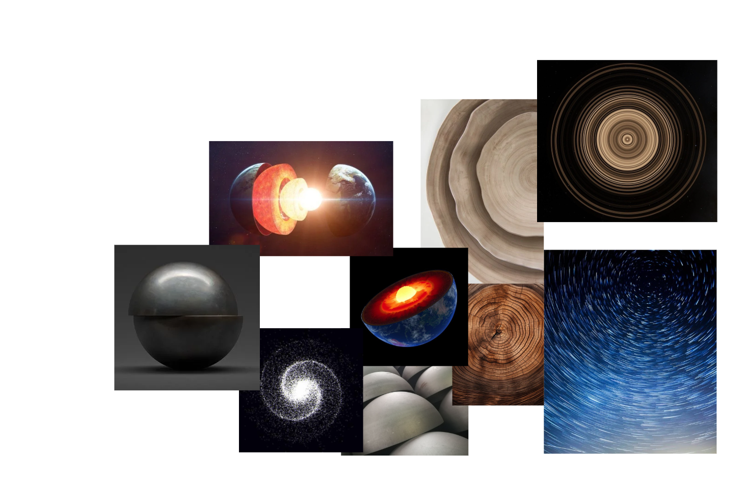 Orbit inspiration moodboard, Earth's core, star trails, galactic spiral and concentric wood rings