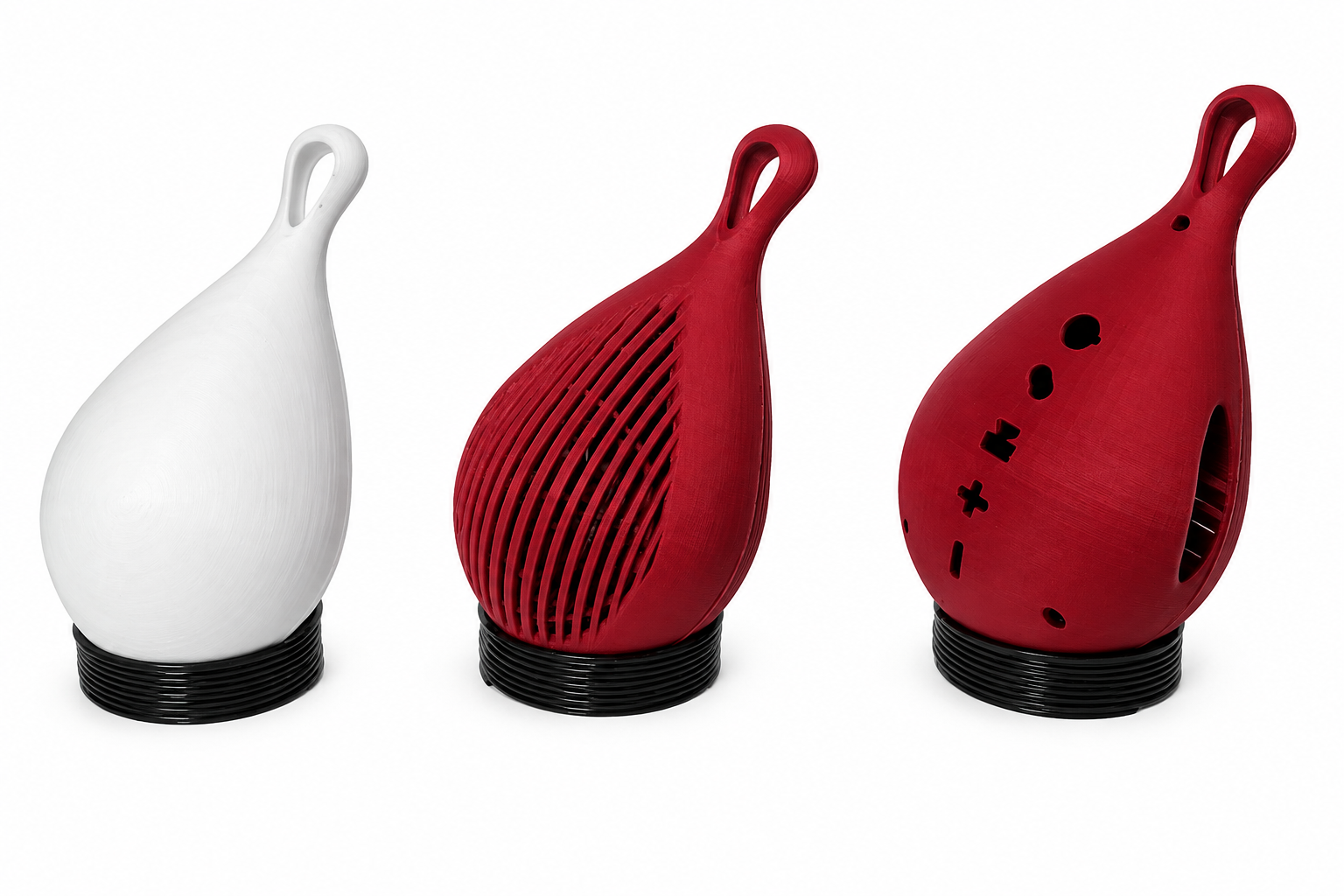 Dropi 3D printed prototype iterations in white and red, showing closed shell, ribbed grille and final port and button cutouts