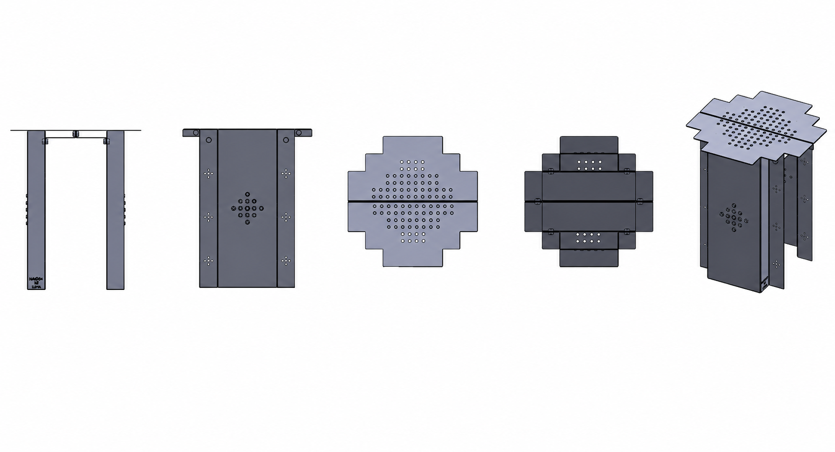 Naqsh CAD process sheet, exploded views of legs, panels, perforated seat and assembled stool