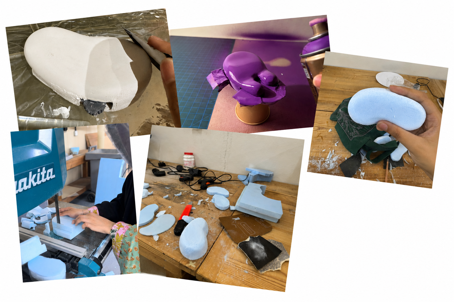 MIRAA prototype development collage, foam blocks being band-sawed, sanded and shaped, plaster master model and the painted purple final form