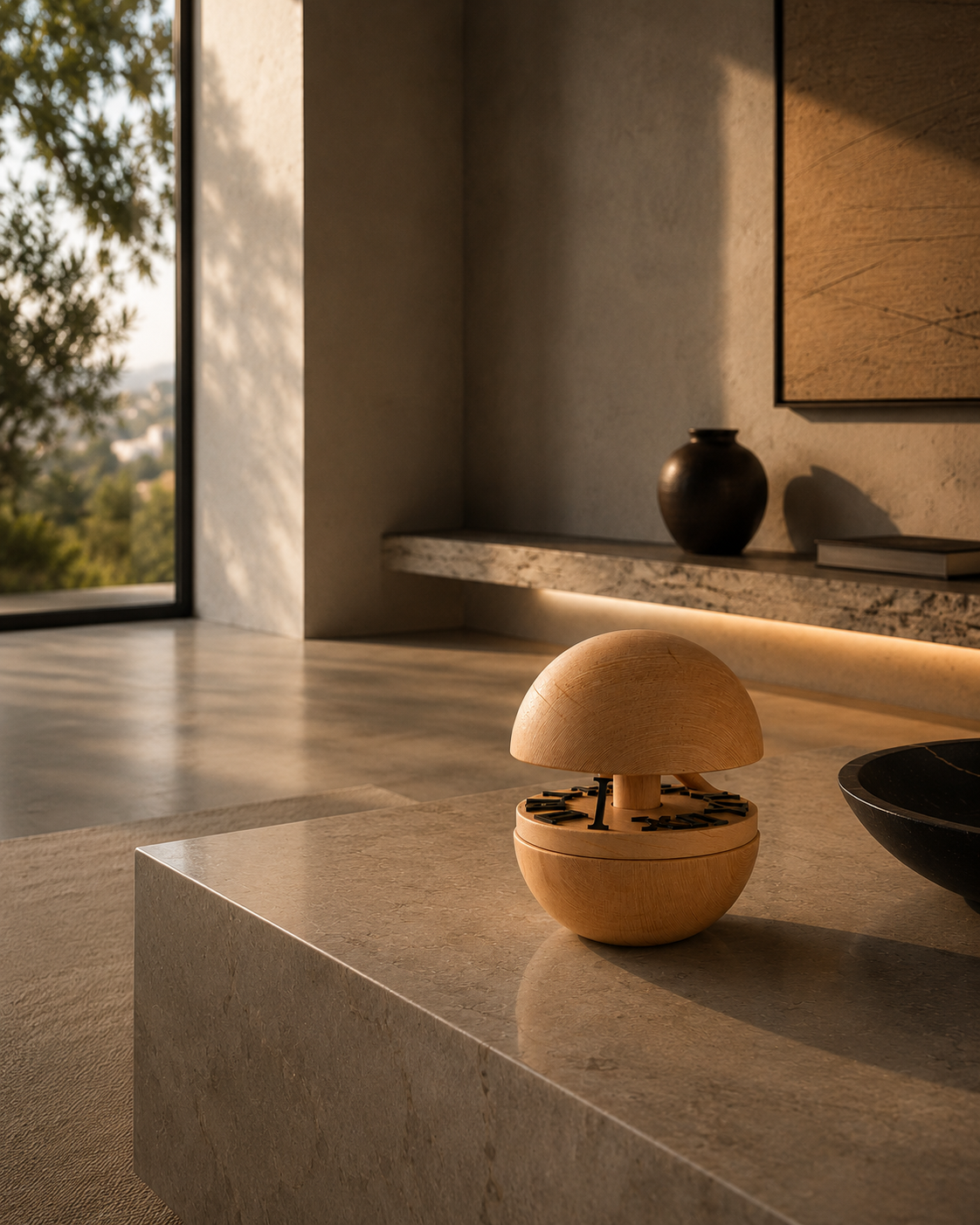 Orbit clock open on a warm surface, glowing internal light
