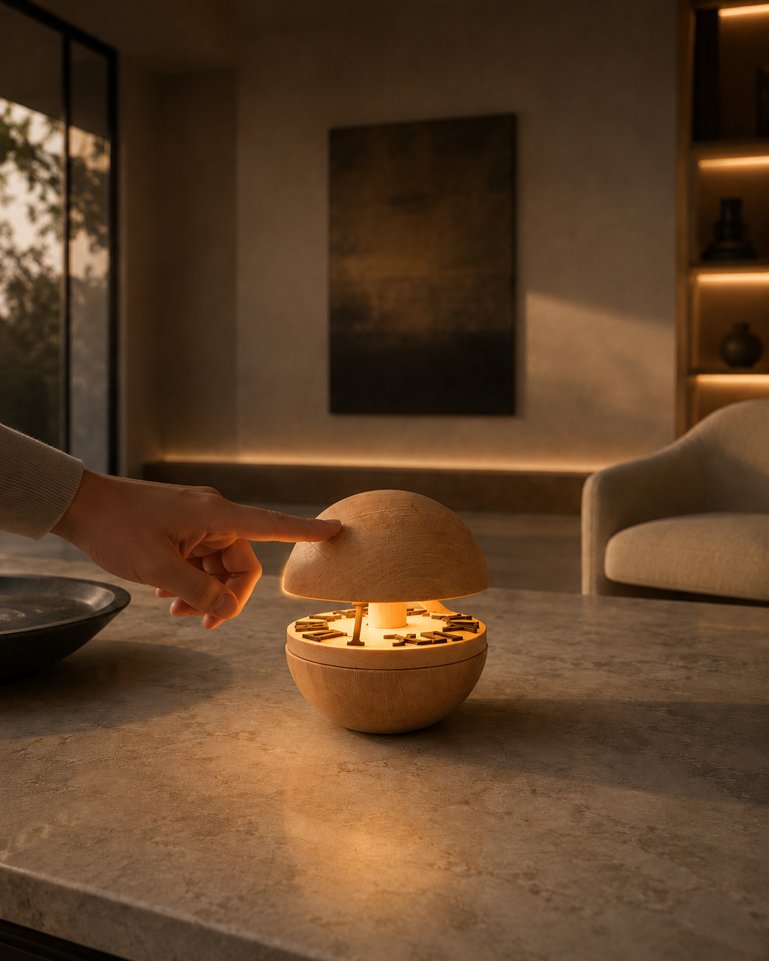 Orbit clock being touched on a kitchen counter, glowing warm internal light