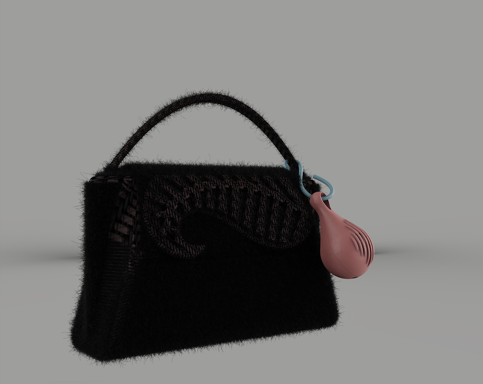 Dropi pink speaker clipped onto a black furry handbag with a blue carabiner