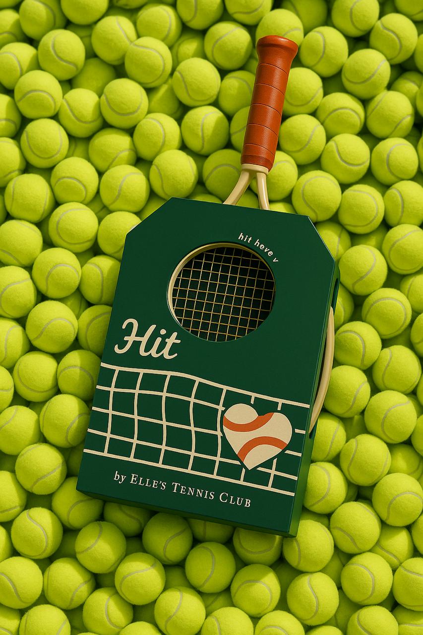 HIT package laid on a dense bed of tennis balls, racket handle exposed