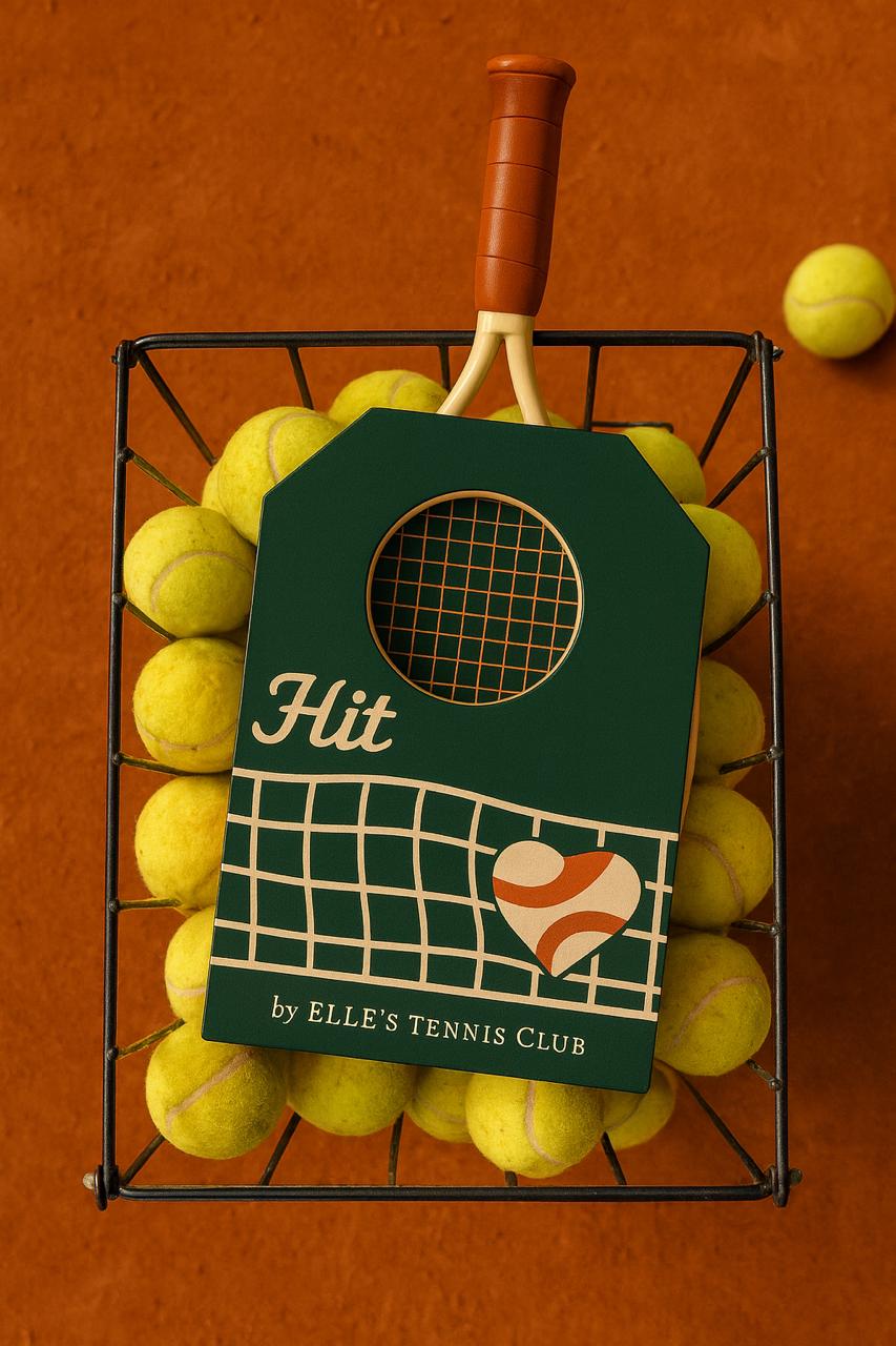 HIT package resting in a wire basket of tennis balls on clay, viewed from above