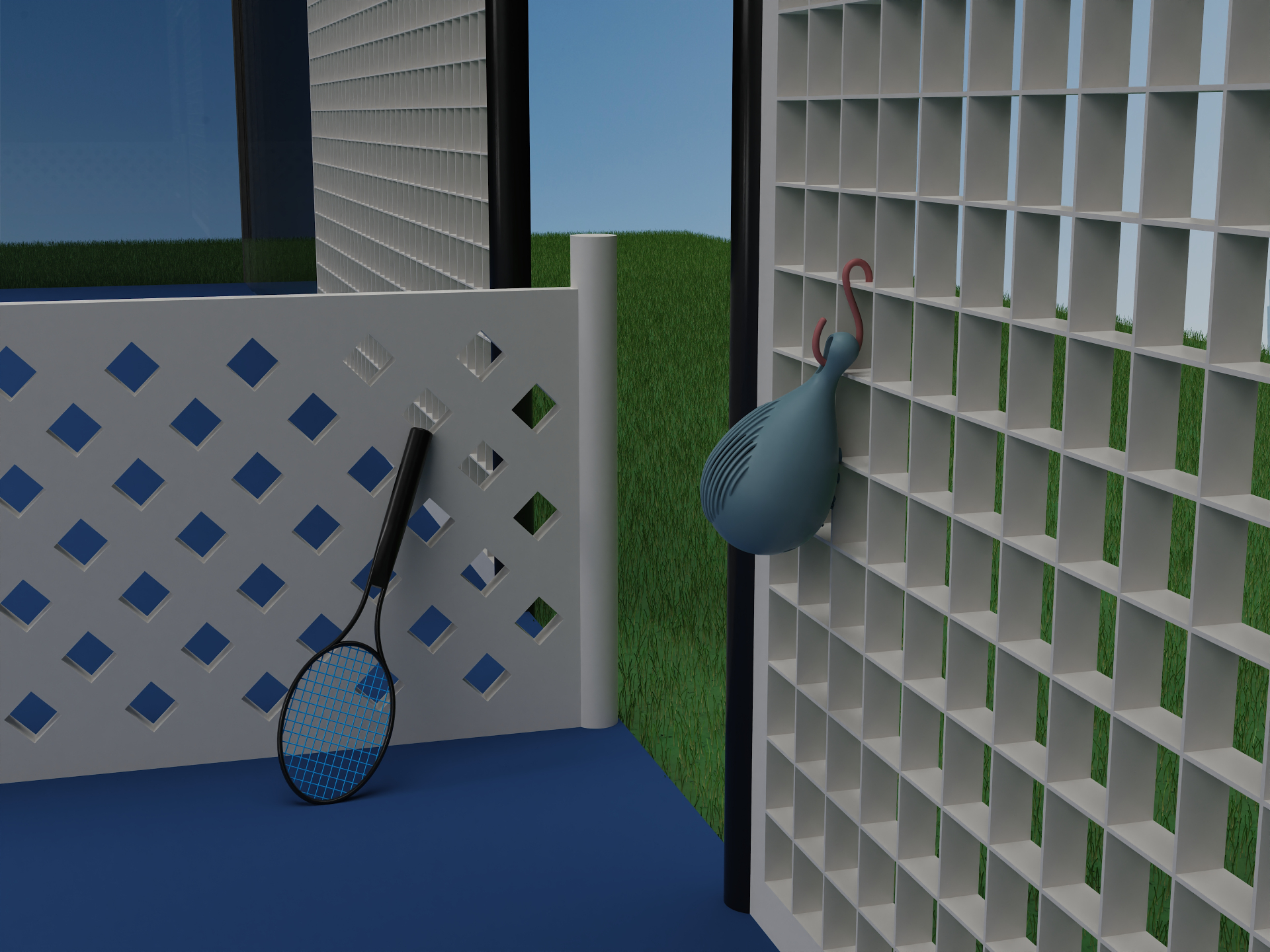 Dropi blue speaker hanging on a tennis court fence with a pink hook, racket leaning against a lattice wall