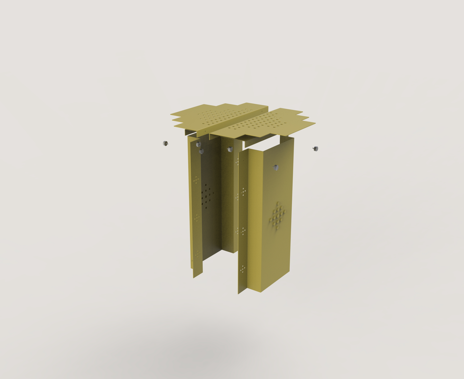 Naqsh stool exploded view, Tibr-yellow components separated to reveal assembly