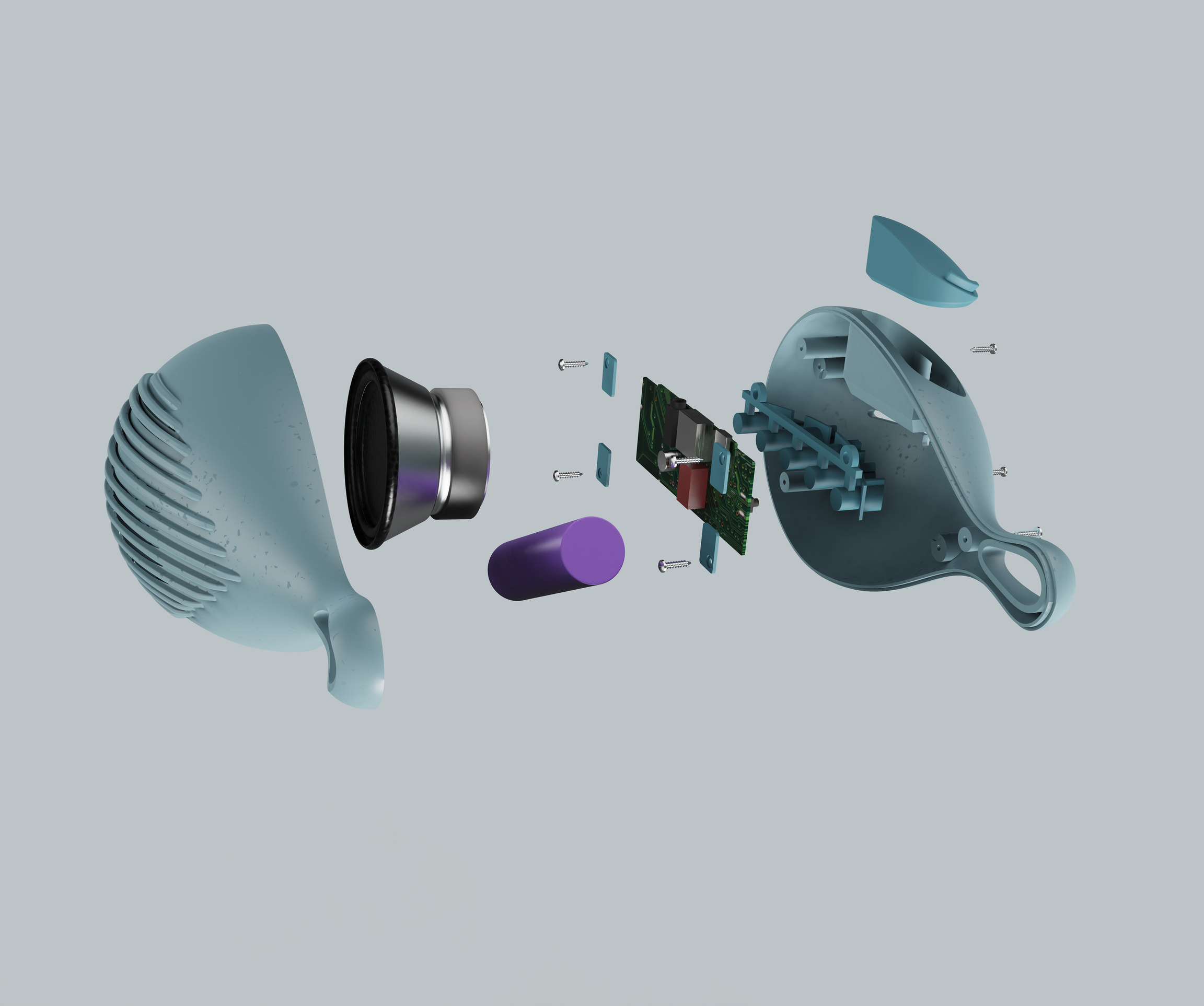 Dropi exploded view, showing shell halves, internal ribbing, PCB, battery, speaker driver and TPU base