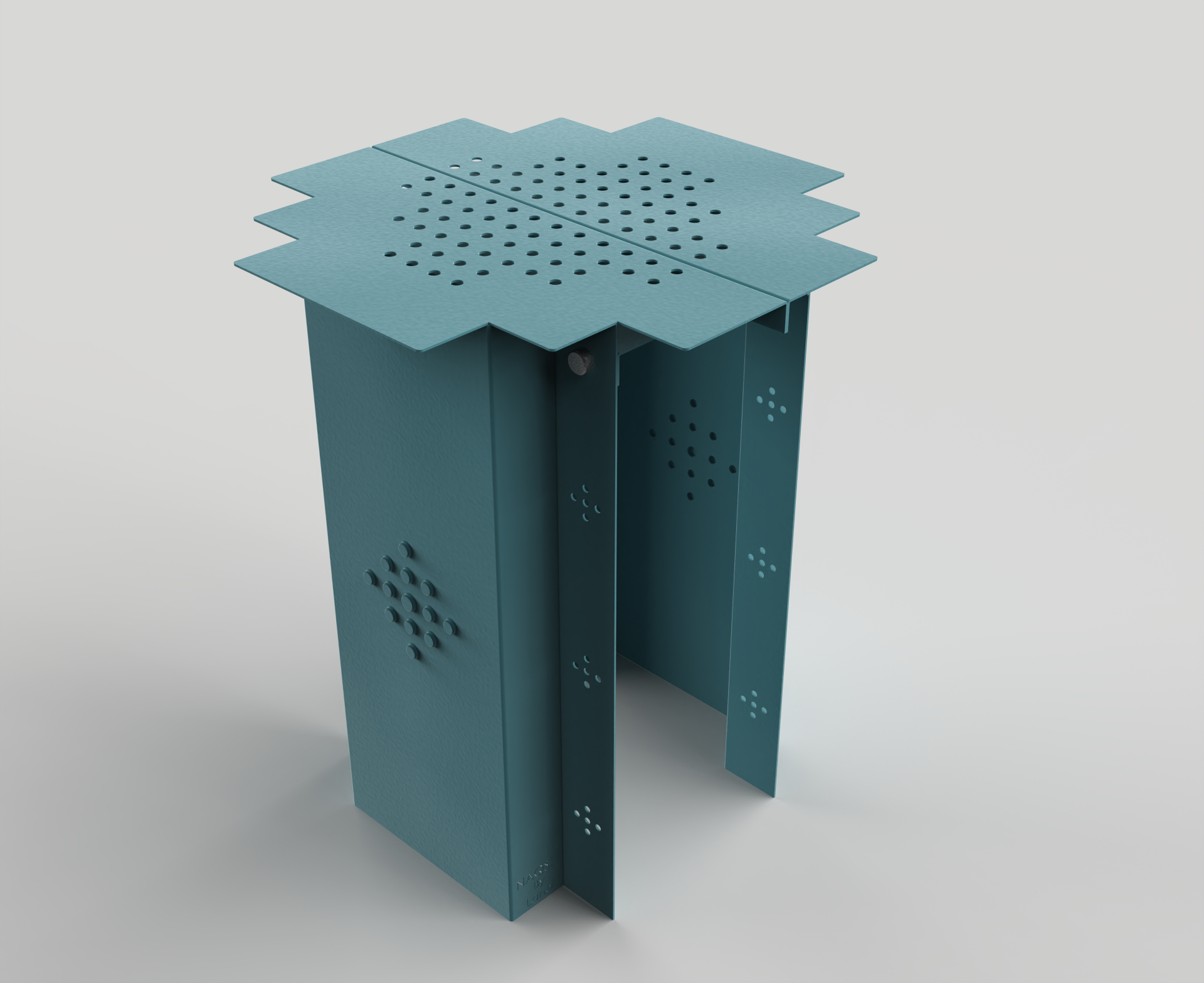 Naqsh stool, hero render in Farasan teal showing the stepped silhouette, perforated top and Sadu pattern panels