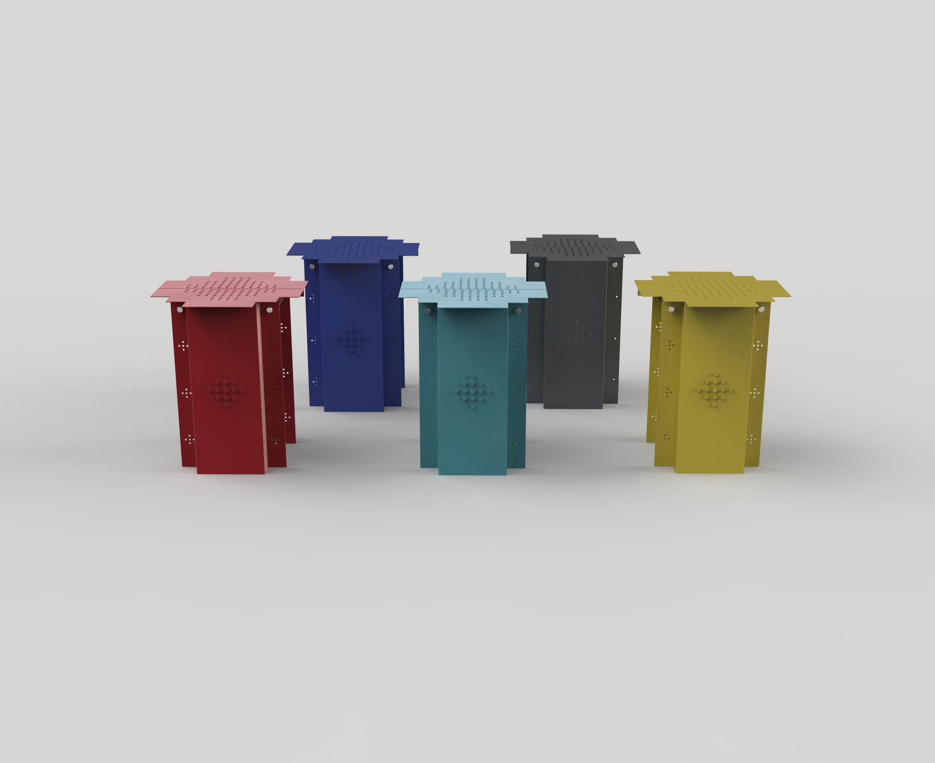 Naqsh stool, five colorways lined up: Rumman, Najd, Farasan, Harrah and Tibr