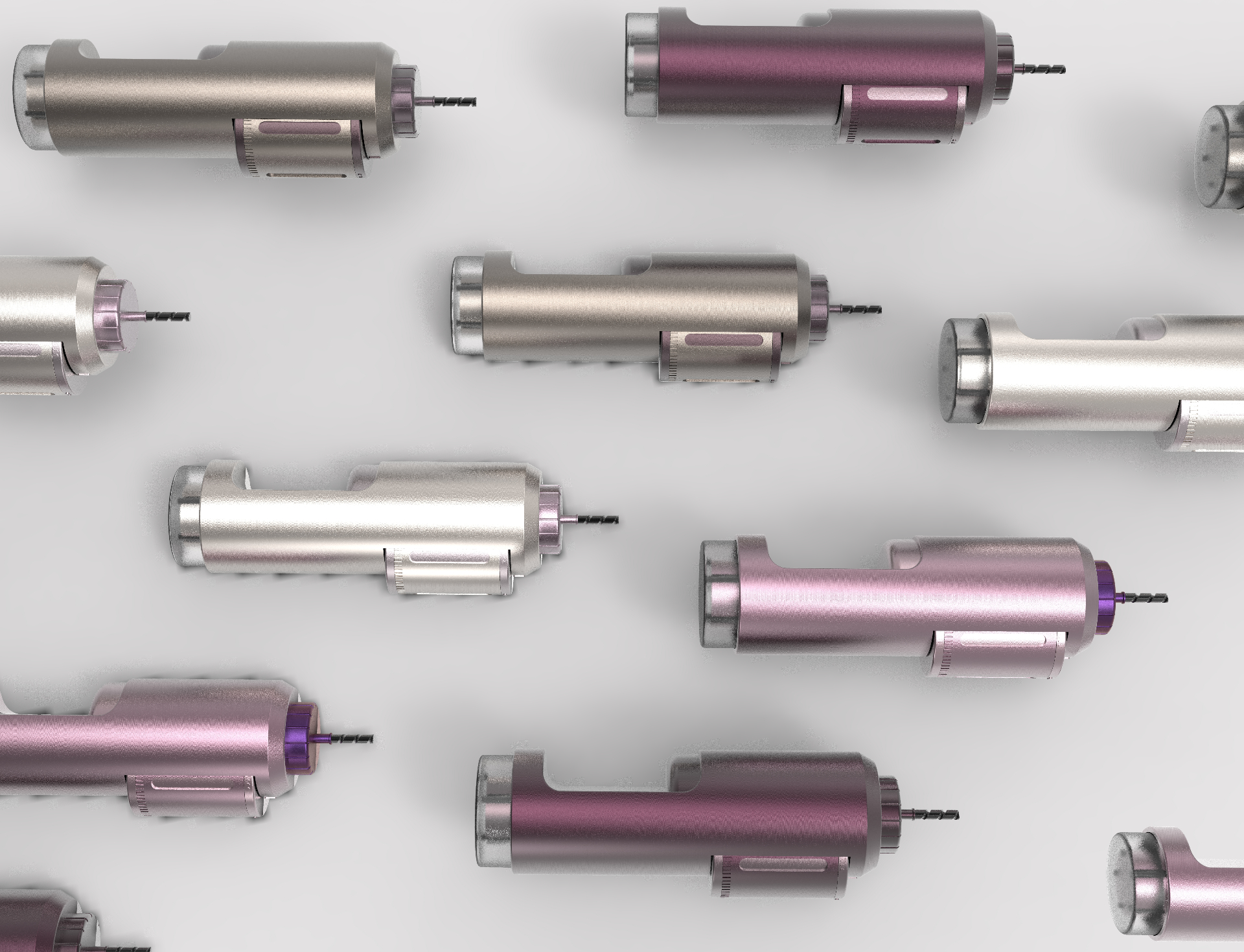 Quill render pattern, multiple drill bodies across brushed silver and anodized rose finishes