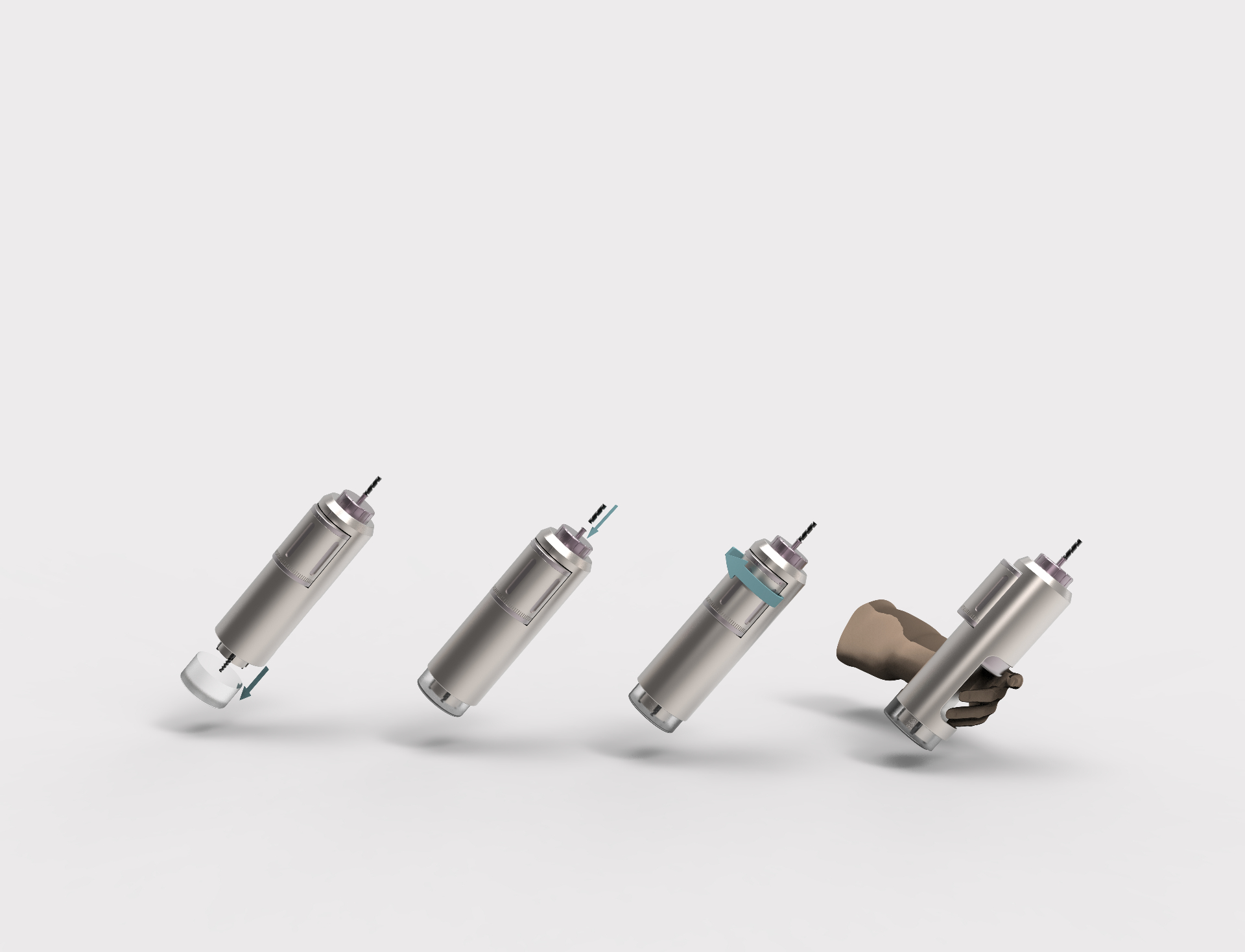Quill use sequence render, four steps showing bit loading, collar rotation and in-hand operation
