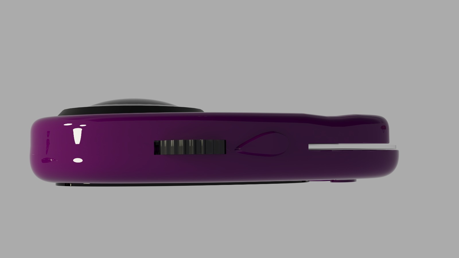 MIRAA pocket camera render, side profile showing slider, dome lens and chrome accent