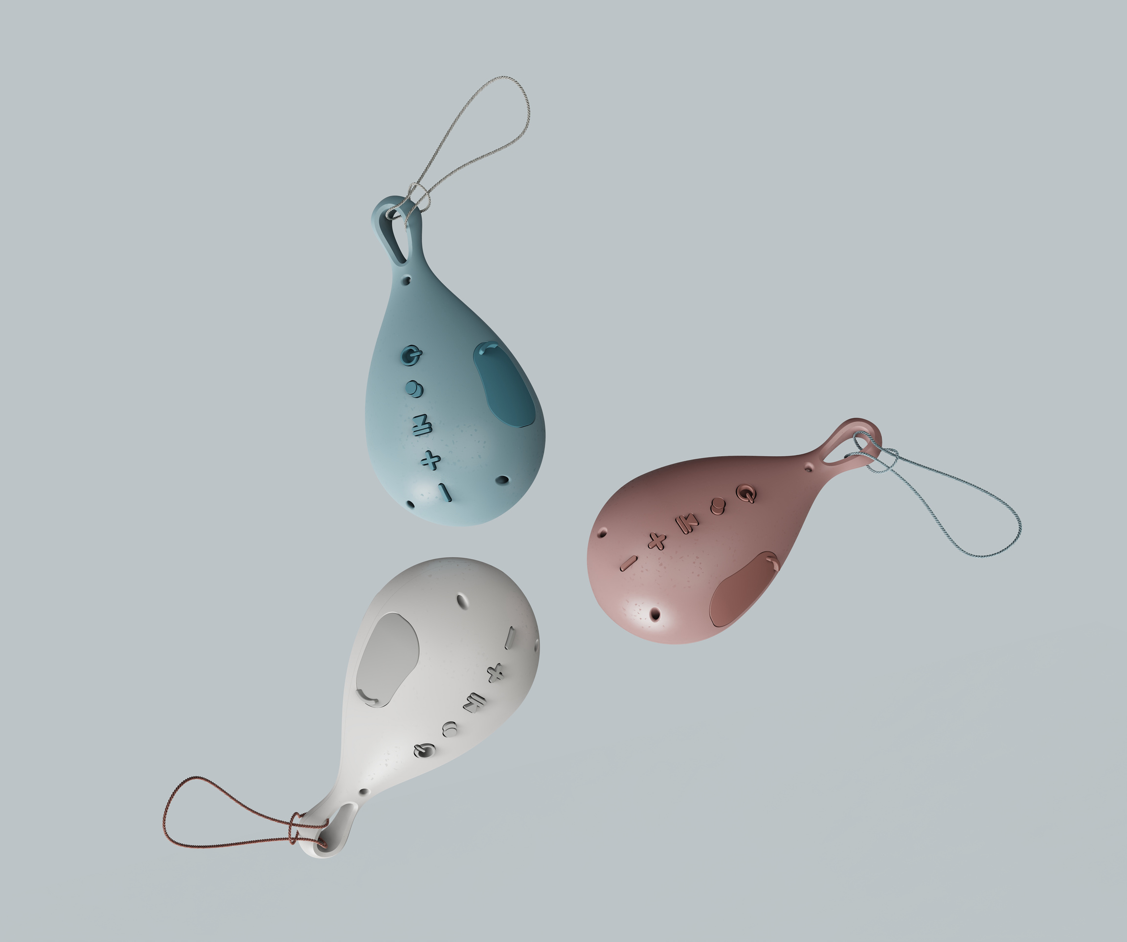 Dropi speaker, three colorways: pink, blue and white, with hanging cords